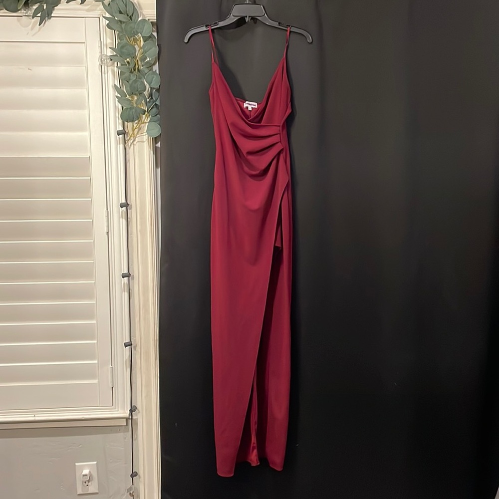 Long Maroon Ruched Slit Dress